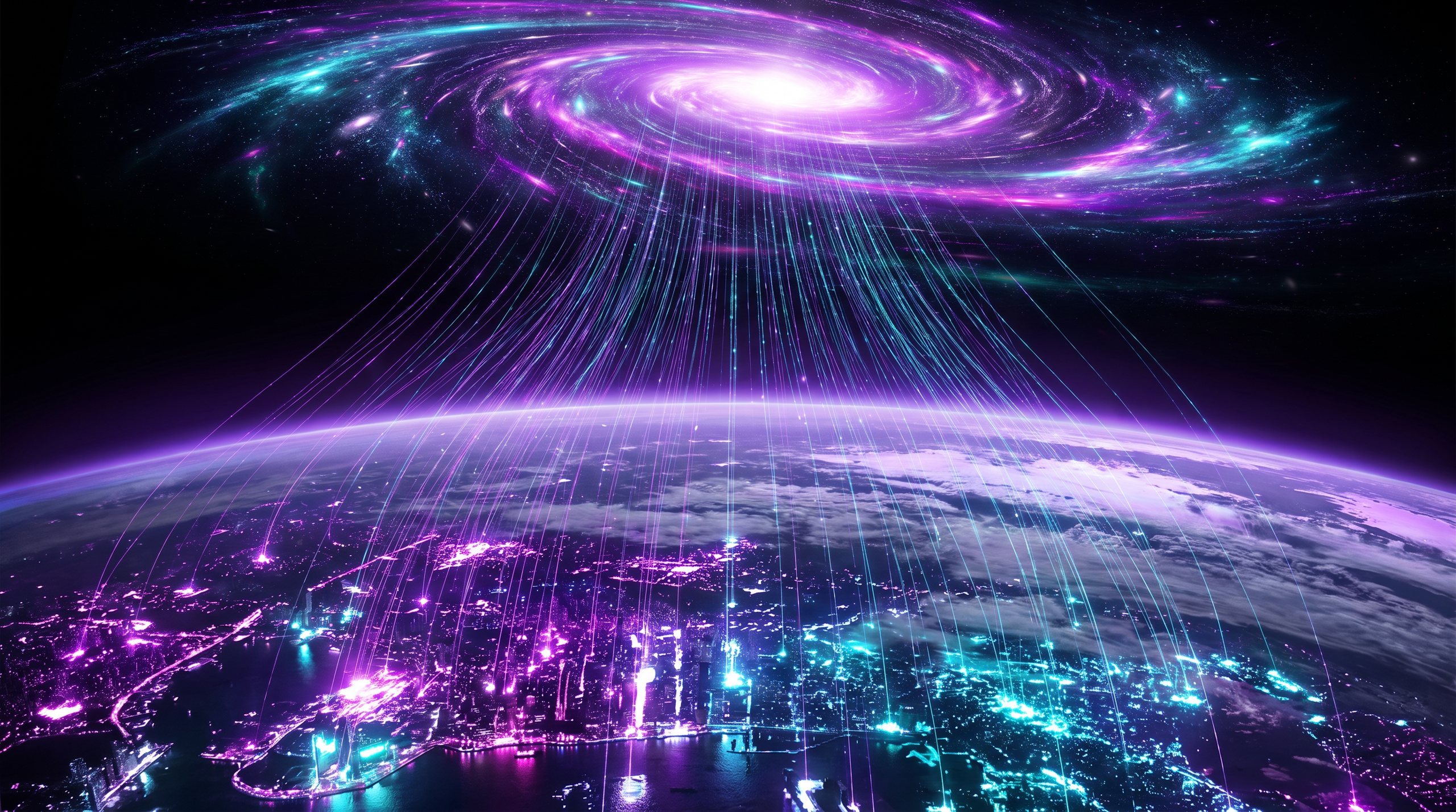 Signals rising from a city-lit Earth into the galaxy above it.